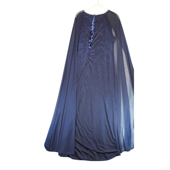 RM Richards Maxi Velour Velvet Dress Women 12 Blue Attached Cape Evening Elegant - Picture 6 of 13